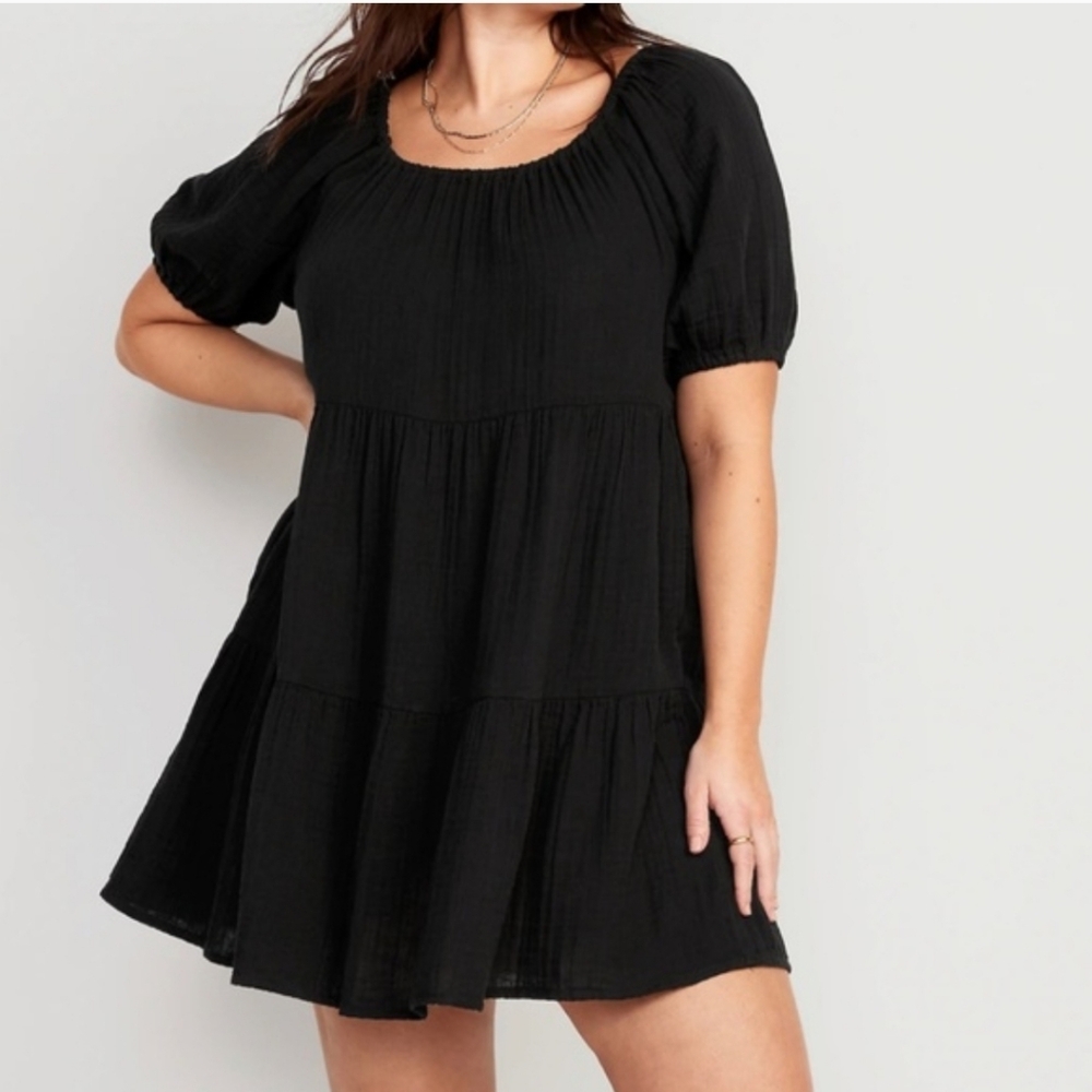 Old Navy Black Tiered Dress Size XL Short Poof Sleeve Elastic Neckline